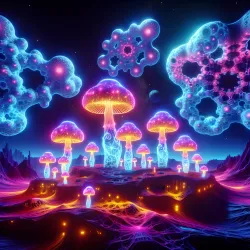 Magic mushrooms spelling the word Euphoria glowing neon
